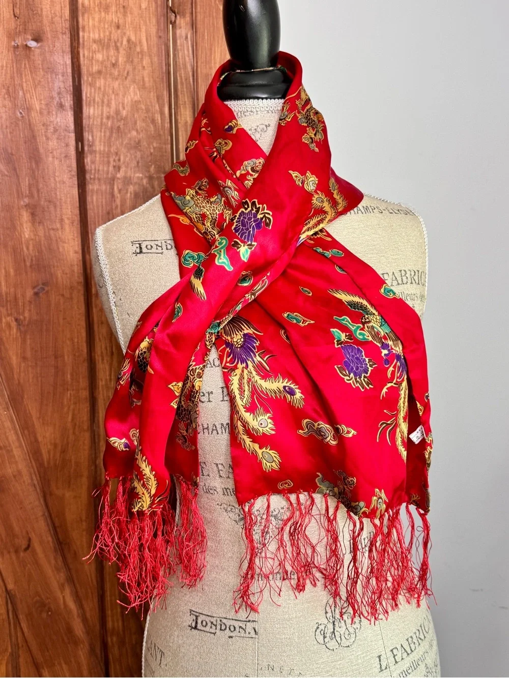 Red Floral Silk-Feel Fringe Scarf
